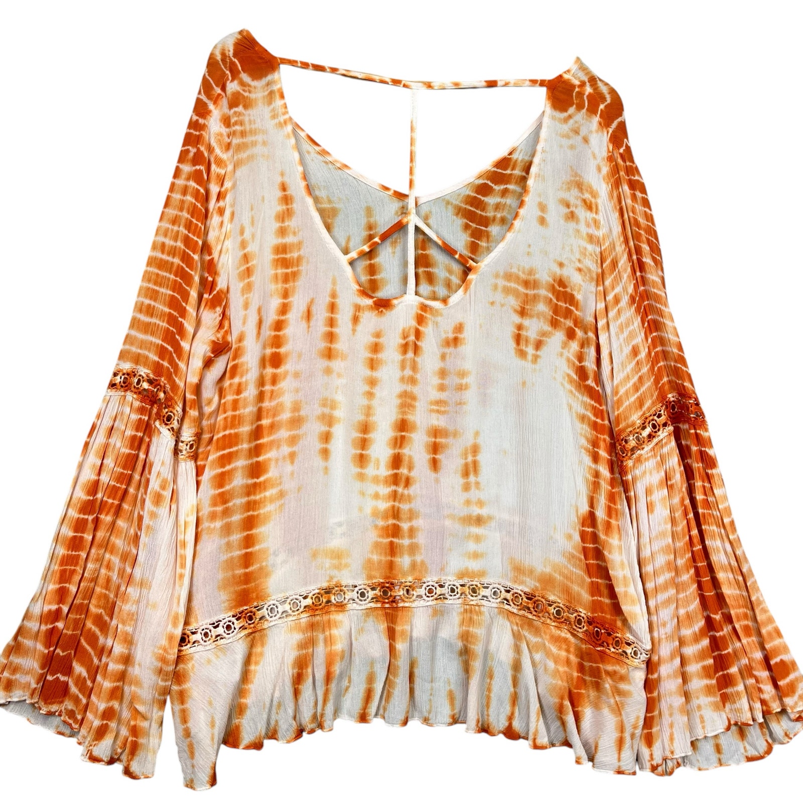 Venus Women’s Orange Tie Dye Boho Retro Oversized Long Bell Sleeve Blouse Large